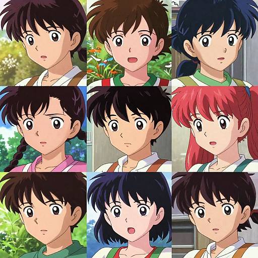 Digital anime-style collage of nine female characters with diverse hair colors and styles, wearing green and white outfits, each in a different outdoor and indoor background.