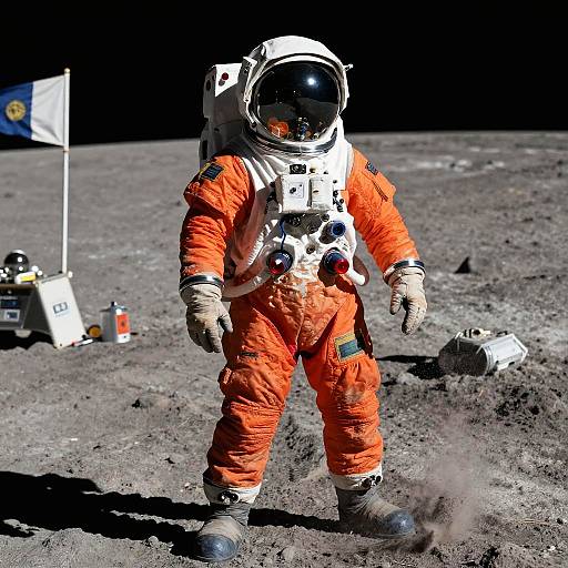 Bold Astronaut in Orange Space Suit on Moon