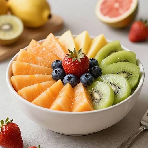 Photograph of a white bowl filled with orange grapefruit slices, green kiwi slices, and blueberries, topped with a strawberry, surrounded by lemon