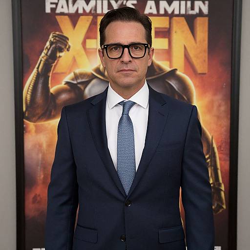 Photograph of a middle-aged man with dark hair, black glasses, and a black suit, standing in front of a 