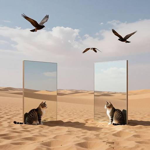 Surreal Desert Portals with Tabby Cats