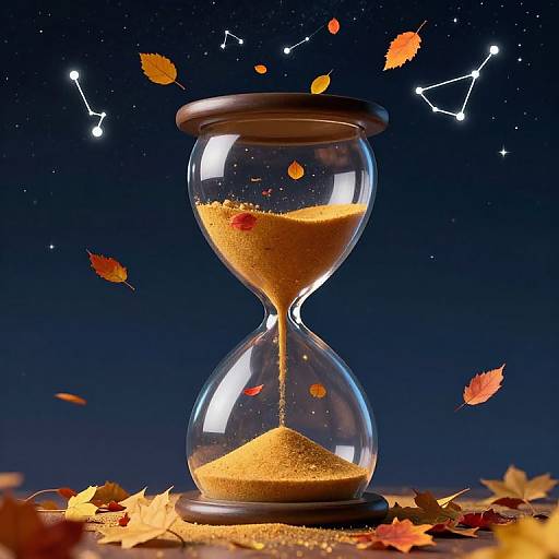 Photograph of a glowing hourglass with falling autumn leaves, constellation stars, and orange sand against a dark blue night sky.