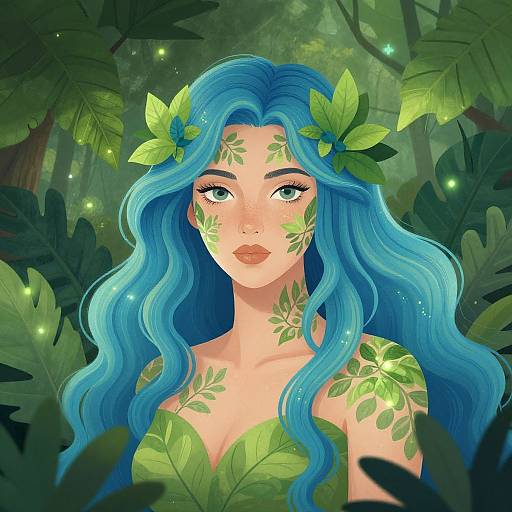Digital painting of a blue-haired, green-eyed, fair-skinned woman with leaf tattoos and a leaf crown, standing in a lush, moonlit forest