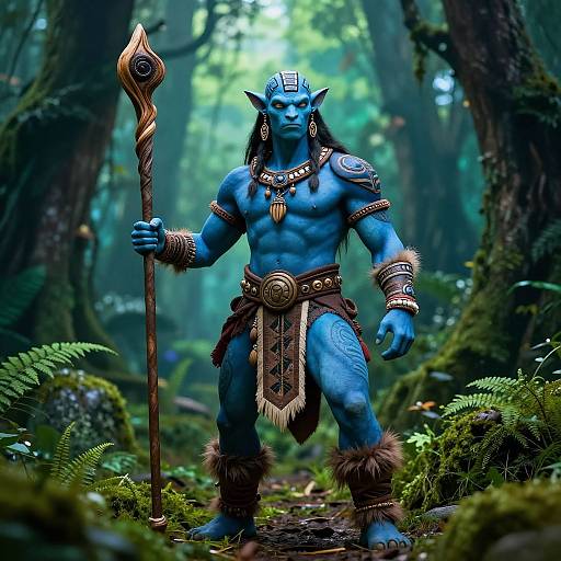 Photorealistic digital artwork of a muscular, blue-skinned elf warrior with pointed ears, tribal armor, and staff in a lush, misty forest