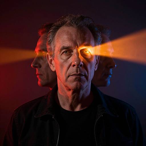 Photograph of middle-aged man with gray hair, intense expression, wearing black shirt, illuminated by bright orange laser beam, shadowy background.