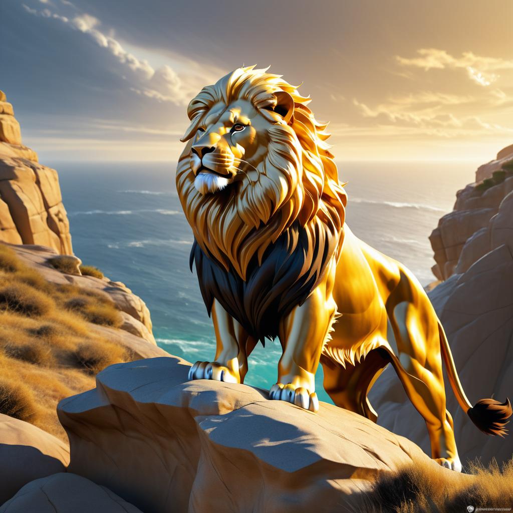 Majestic Lion on Cliff with Golden Mane