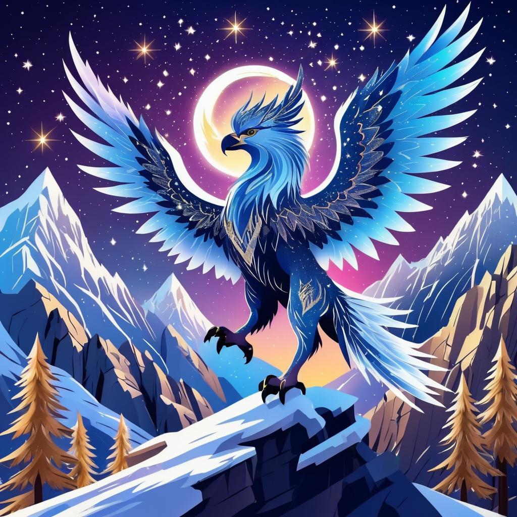 Majestic Griffin Soaring in Starry Mountains