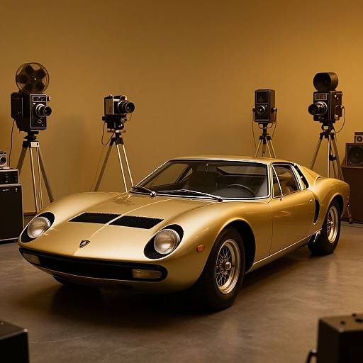 Photograph of a golden vintage Ferrari sports car in a dimly lit room with four vintage film cameras on tripods.