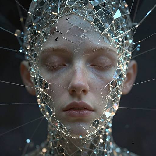 Close-up photograph of a pale, serene-faced person with closed eyes, wearing a shattered glass helmet, reflecting light against a dark background.