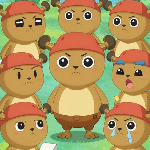 Digital cartoon of seven chubby, brown, bear-like characters with red hard hats, various expressions: angry, sad, surprised, crying, etc., on