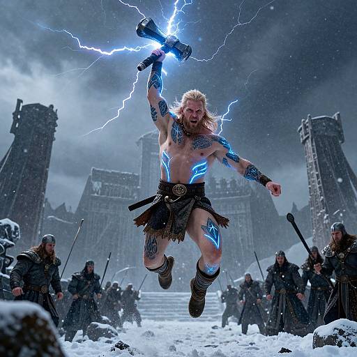 Digital artwork of a muscular, blond, bearded warrior with glowing blue tattoos, leaping in snow, wielding a lightning-enchanted hammer, surrounded