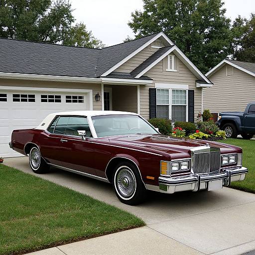 Photograph of a maroon vintage Cadillac convertible with white top parked in front of a beige suburban house with white garage door.