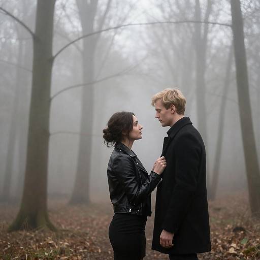 Couple in Misty Forest Embrace