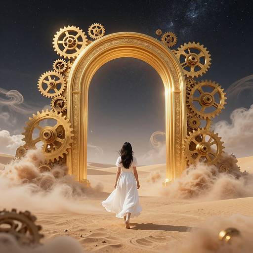 Digital artwork: A woman in a white dress walks toward a glowing, golden, gear-adorned archway in a sandy desert under a starry