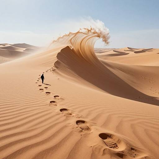Photograph of a lone person walking in vast, sunlit desert with large sand waves, footprints trailing, and a massive sand wave cresting in