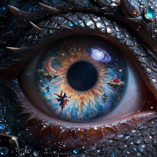 Digital art of a vivid blue and orange eye with a galaxy-like iris, featuring three silhouetted figures on floating islands, surrounded by sparkling stars