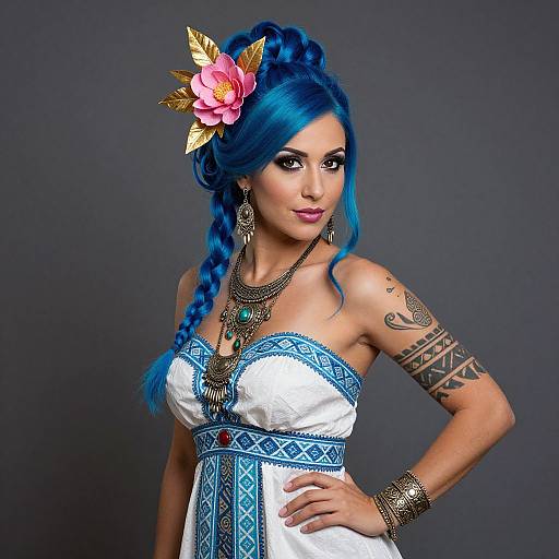 Photograph of a woman with vibrant blue hair in a braid, adorned with a pink flower and gold leaves, wearing a white dress with blue embroidery