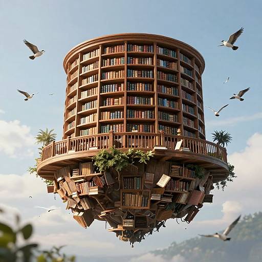 Photorealistic digital artwork of a circular, floating library with numerous book-filled balconies, surrounded by birds, and small plants, against a clear blue