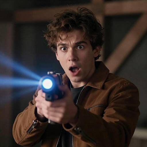 Wide-Eyed Young Man Aiming Blue Laser