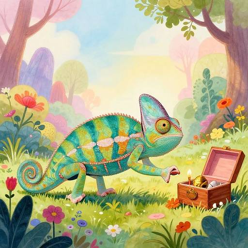 Digital illustration of a colorful, striped chameleon in a vibrant, sunlit meadow, examining an open wooden box filled with jewelry.