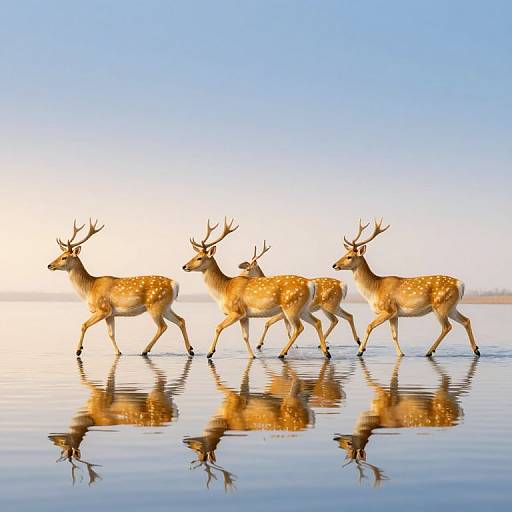 Photograph of three golden deer with prominent antlers walking in a reflective, icy landscape under a clear blue sky.
