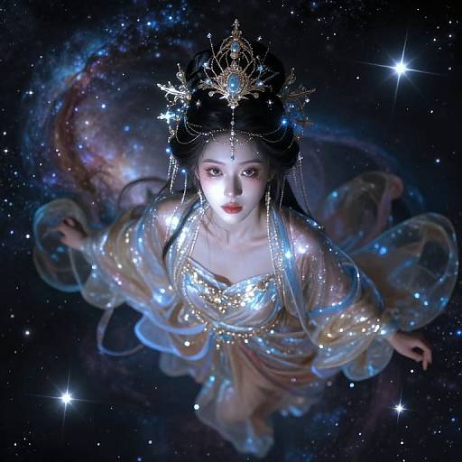 Digital artwork of a celestial Asian woman with glowing white face, dark hair adorned with star-like jewelry, floating in a starry, nebulous space.