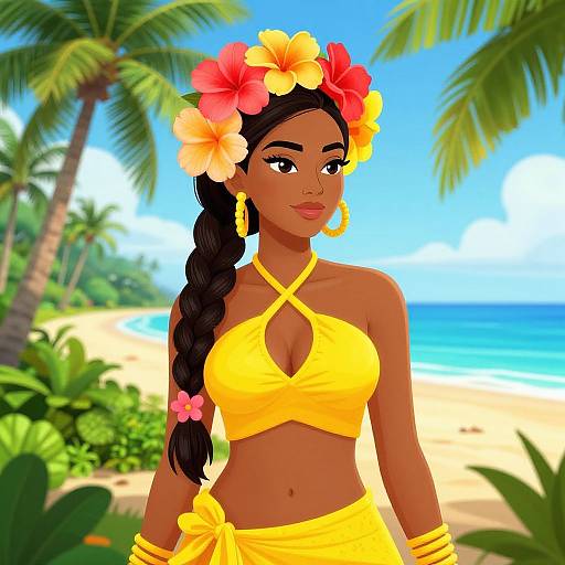 Vibrant Tropical Beach Woman Illustration