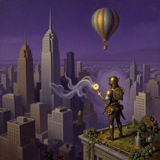 Steampunk soldier with glowing lantern and gears stands on rooftop, smoke rising, with hot air balloon above a purple-hued cityscape.
