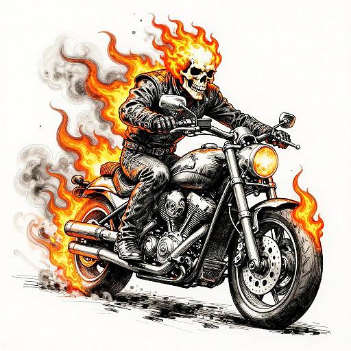 Stylized digital drawing of a skull-headed motorcyclist with flames engulfing the bike, black and white with vibrant orange fire.