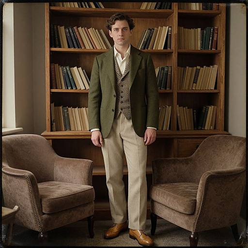 Photograph of a young man with curly brown hair, wearing a green blazer, checkered vest, white shirt, beige pants, and brown shoes