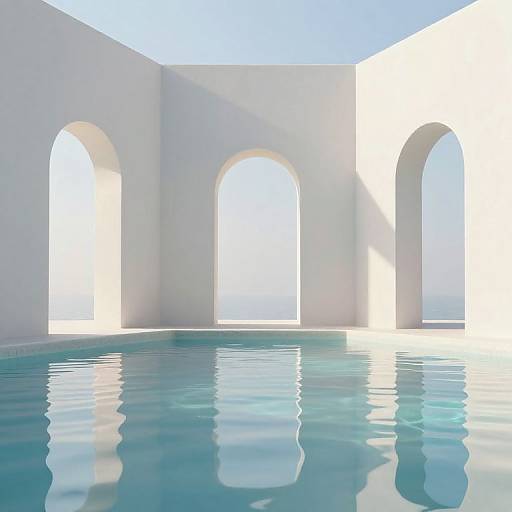 Photograph of a serene, sunlit, white-walled courtyard with three arched windows, reflecting in a calm, turquoise pool. Bright blue sky