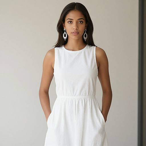 Photograph of a young South Asian woman with long black hair, wearing a sleeveless white dress and large silver earrings, standing against a plain white background
