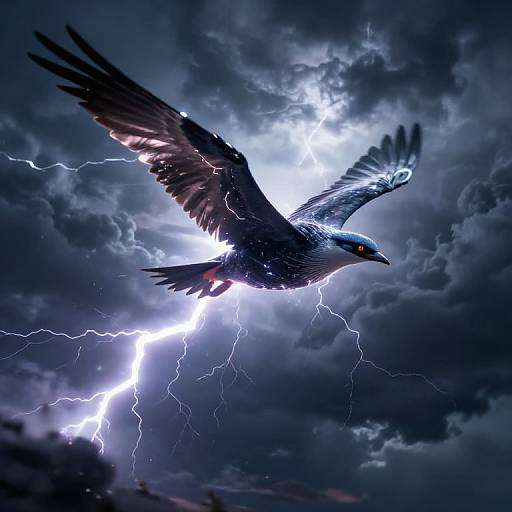 Dramatic digital artwork of a black and white bird with glowing red eye, soaring through a stormy sky with vivid lightning.