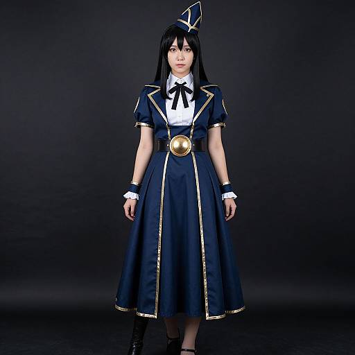 Photograph of an Asian woman in a navy blue, gold-trimmed, short-sleeve, knee-length dress with white collar, black ribbon