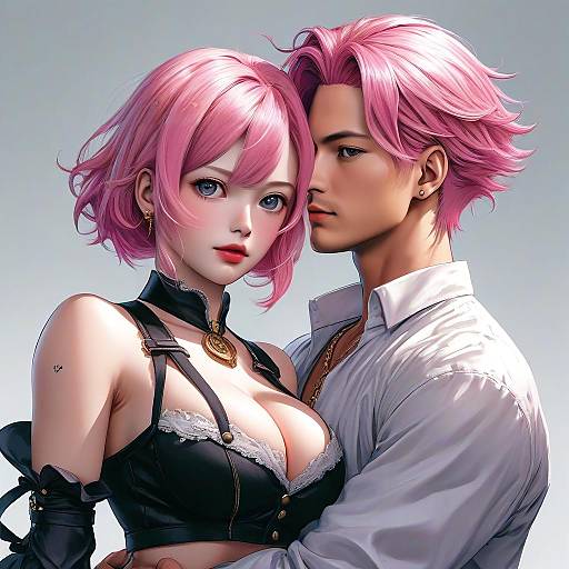 Digital anime-style artwork of a pink-haired couple; she wears a black lace bra and choker, he in a white shirt, embracing closely.