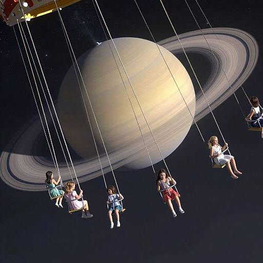 Photograph-style CGI of six children swinging above a Saturn-like planet with rings in outer space, each wearing casual clothes.
