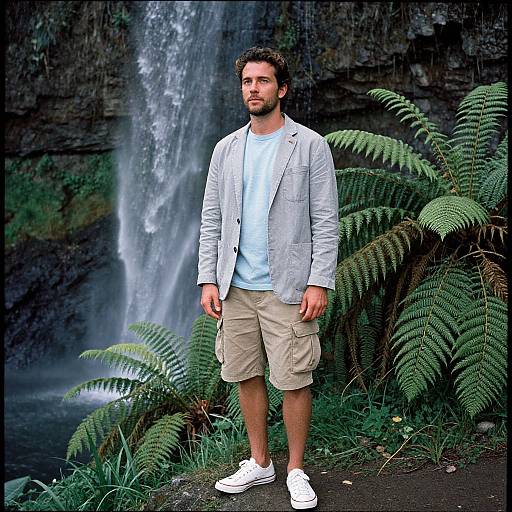 Photograph of a bearded man with curly dark hair, wearing a light gray jacket, white shirt, beige shorts, and white sneakers, standing in