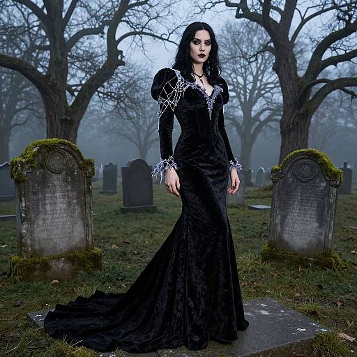 Gothic woman in black, lace-trimmed dress stands in foggy cemetery with moss-covered gravestones and bare trees in background. Photograph