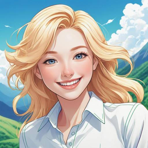Cheerful Anime Woman in Vibrant Landscape