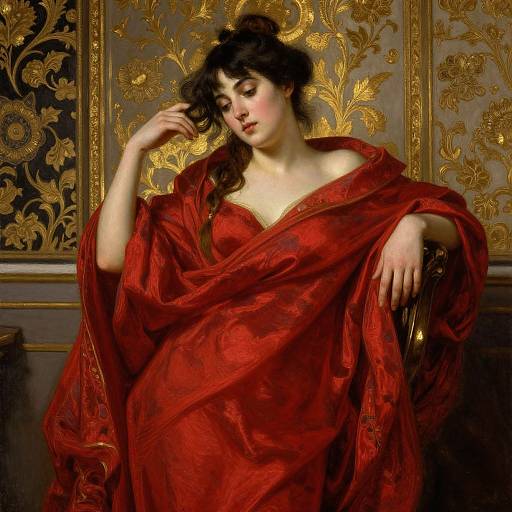 Baroque-style digital painting of a fair-skinned woman with dark hair, wearing an ornate red velvet robe, against a golden floral-patterned background