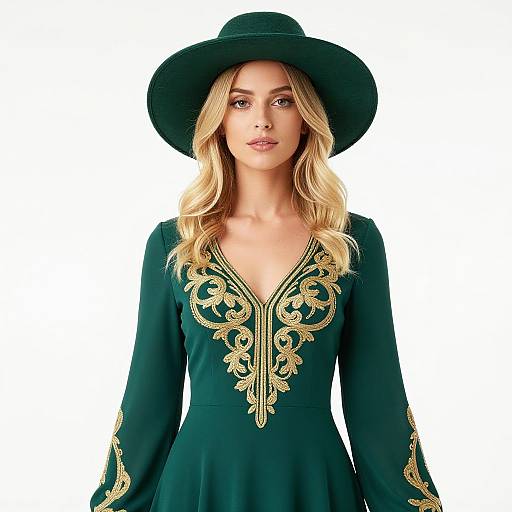 Blonde Woman in Green Embroidered Dress
