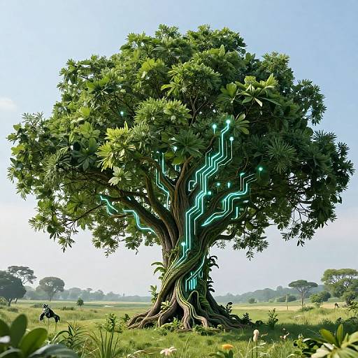 Digital art of a glowing, intricate tree with neon blue lines in a lush, sunny savanna landscape, featuring grasses and distant trees.