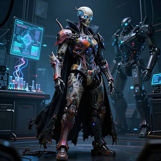 Cyberpunk sci-fi image: Detailed, humanoid robot with skeletal head, torn black cape, glowing blue and red armor, standing in futuristic lab with