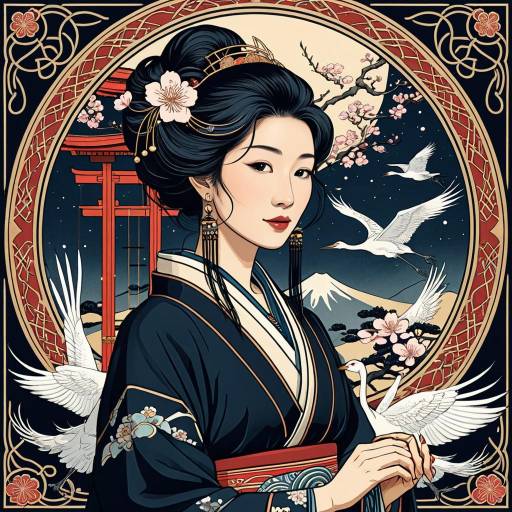 Japanese Woman with Cranes and Sakura Frame