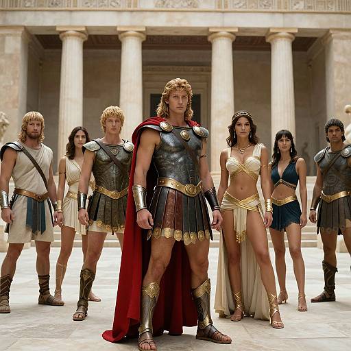 Photorealistic CGI image of muscular, blonde-haired warrior in black armor and red cape, surrounded by six ancient Greek-style warriors and women in gold and