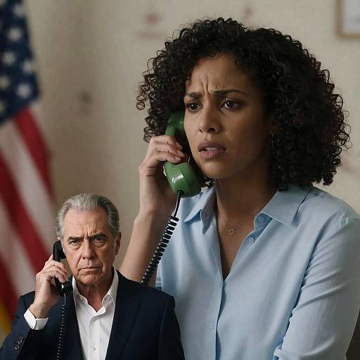 Concerned woman and serious man on phone calls