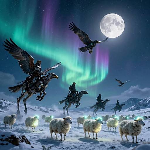 Fantasy scene: armed riders with eagle mounts, glowing sheep, and flying birds in a snowy landscape under a full moon and vivid auroras.