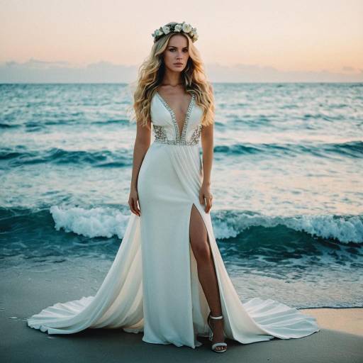 Elegant Woman in White Gown on Beach at Dusk