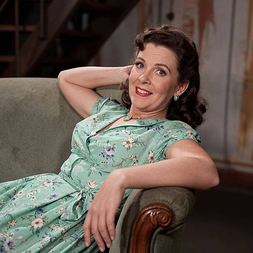 Photograph of a smiling, middle-aged woman with fair skin, dark wavy hair, wearing a light blue floral dress, reclining on a green