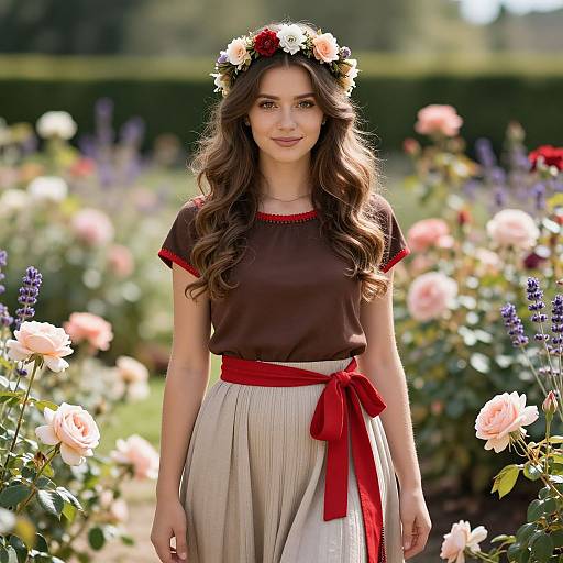 Young Woman in Sunlit Flower Garden